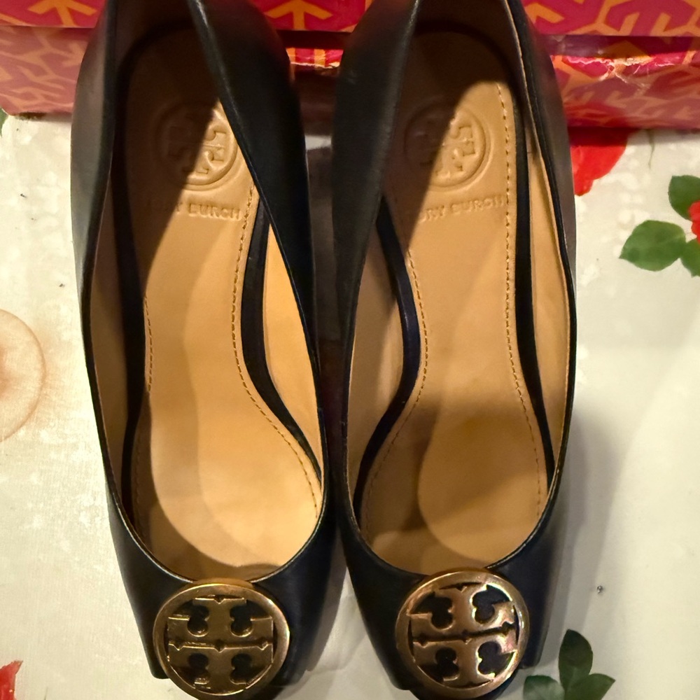 Tory Burch Navy Flats with Gold Emblem